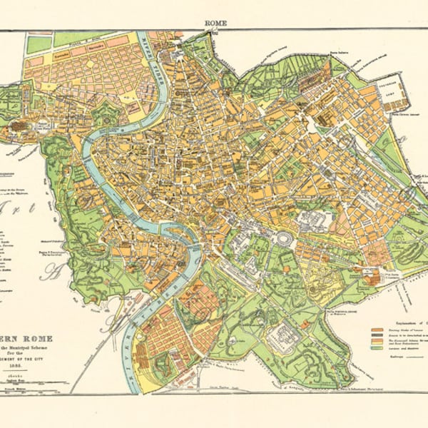 afdrukbare kaart van Rome rond 1885, uniek geschenk en Home decor, digitale download No. 684