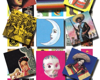 Mexican Icons, Hecho in Mexico, Dia de Los Muertos, Cinco de Mayo, a 1 x 1  inch digital download, printable collage sheet no. 390