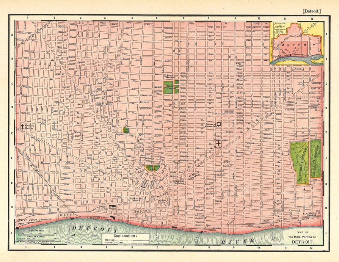 Printable Map of Detroit, Showing the City Streets From 1895, a 600 Dpi ...