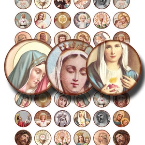 May include: A set of 36 round stickers featuring religious imagery. The stickers feature images of Jesus, Mary, and other religious figures. The stickers are perfect for adding a touch of faith to your home or office.