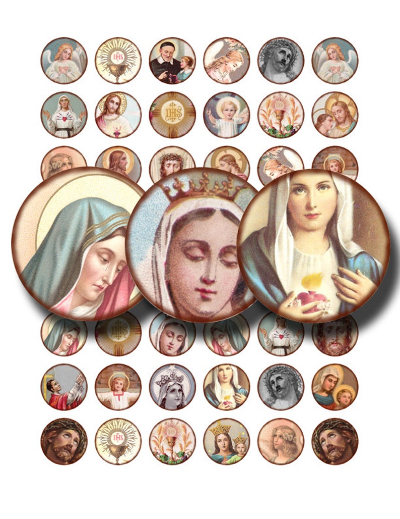 May include: A set of 36 round stickers featuring religious imagery. The stickers feature images of Jesus, Mary, and other religious figures. The stickers are perfect for adding a touch of faith to your home or office.