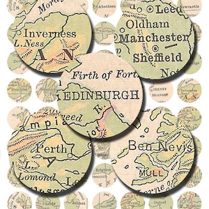 Vintage Landkarte der Britischen Inseln in 2,5 cm großen Kreisen für Schmuckherstellung, Kronkorken usw. 141.