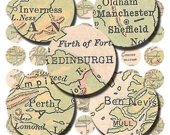 vintage map of the British Isles in 1 inch circles for jewelry making, bottlecaps, etc. vintage printable collage sheet no. 141.