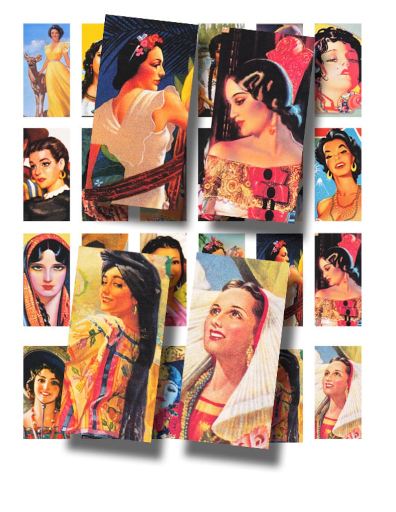 domino tile sized Mexican beauties 431 Latina Ladies 1 x 2 inch digital collage sheet no
