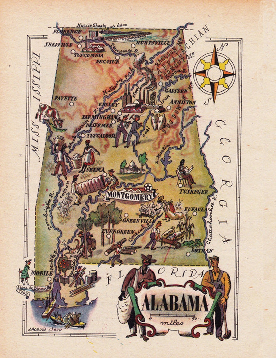 Printable Map of Alabama From the 1940's, Funny Pictorial Map, Unique Gift, Digital Download ...