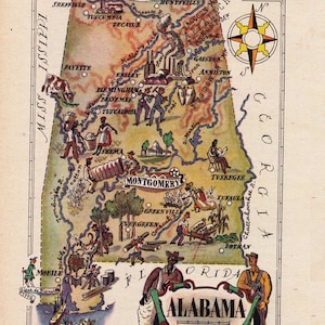 printable map of Alabama from the 1940's, funny pictorial map, unique gift, digital download sheet 1700
