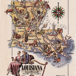 mapa da Louisiana de 1946, do artista francês Jacques Liozu, folha digital para download 1710