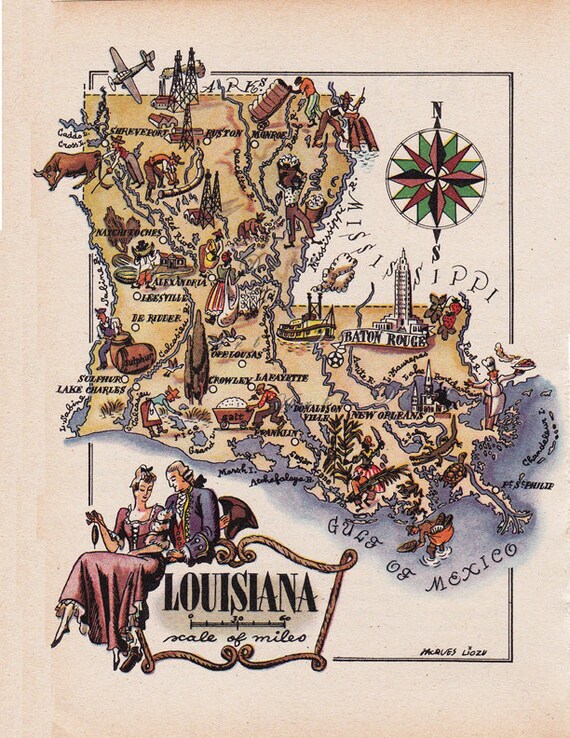 Printable Pictorial Map of Louisiana, Home Decor, Digital Print