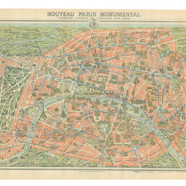 old map of Paris showing all the major monuments, from the early 20th century, a digital file for you to print, printable wall art