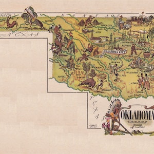 mapa de Oklahoma de 1946 pelo artista francês Jacques Liozu, um mapa vintage para impressão, download digital nº 1436