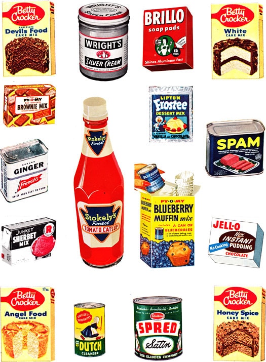 1950's food products, from a 1954 women's magazine, vintage printable digital collage sheets no. 2323