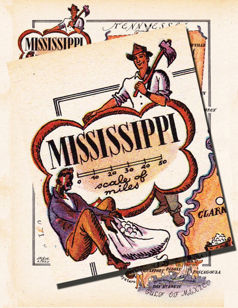 Map of Mississippi from 1946 by French artist Jacques Liozu a Etsy