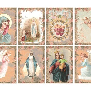 May include: A set of eight vintage religious images featuring various depictions of angels and the Virgin Mary. The images are framed with floral borders and have a soft, pastel color palette.