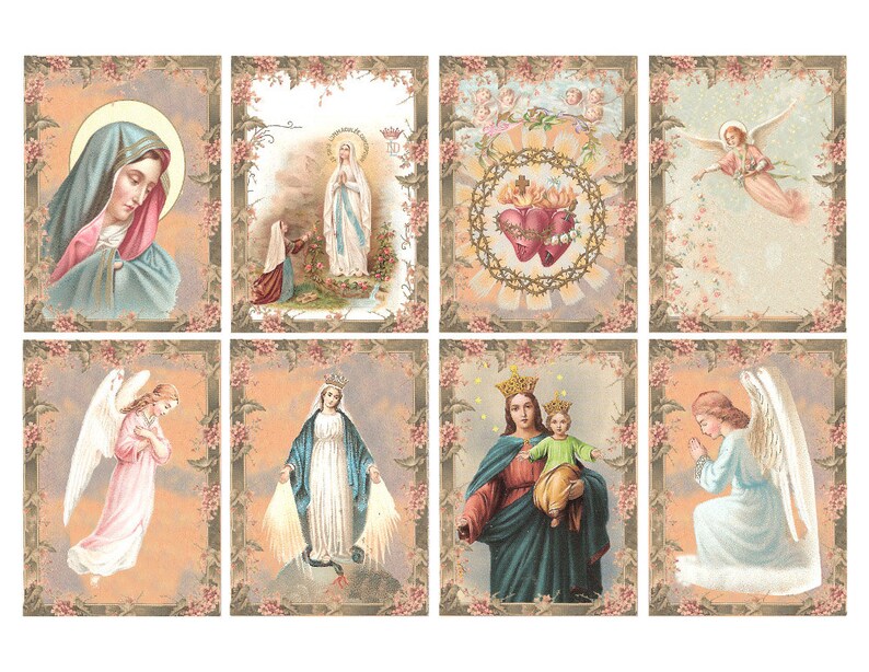 May include: A set of eight vintage religious images featuring various depictions of angels and the Virgin Mary. The images are framed with floral borders and have a soft, pastel color palette.