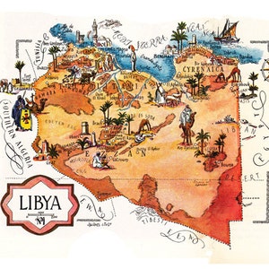 Puede incluir: Un mapa ilustrado vintage de Libia, que presenta una representación colorida de la geografía del país y sus principales ciudades. El mapa está dibujado en un estilo caprichoso con letras dibujadas a mano e ilustraciones de camellos, palmeras y otras imágenes del desierto. El mapa incluye el texto "LIBYA" en un marco decorativo.