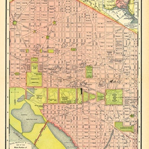 May include: A vintage map of Washington, D.C. showing the main portion of the city. The map is in a light pink color with green and yellow accents. The map includes street names, parks, and other landmarks. The map is titled "Map of the Main Portion of Washington, D.C."