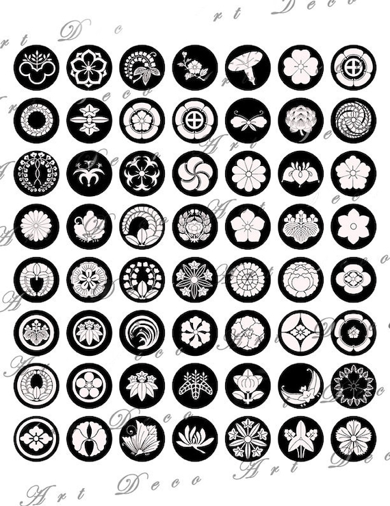 Black And White Japanese Crests And Flowers Asian Design Etsy