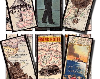 vintage travel collage sheet, in a  1 by 2 inch domino rectangle size, printable paper ephemera, digital download no. 184