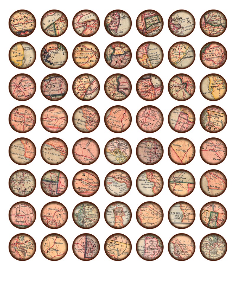 vintage American maps, one inch bottlecap, jewelry supplies, digital download, collage sheet no. 1053 image 4