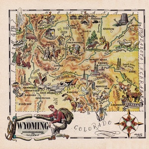 Carte imprimable du Wyoming, carte illustrée drôle des années 40, art mural, décoration intérieure, cadeau de pendaison de crémaillère, 1048