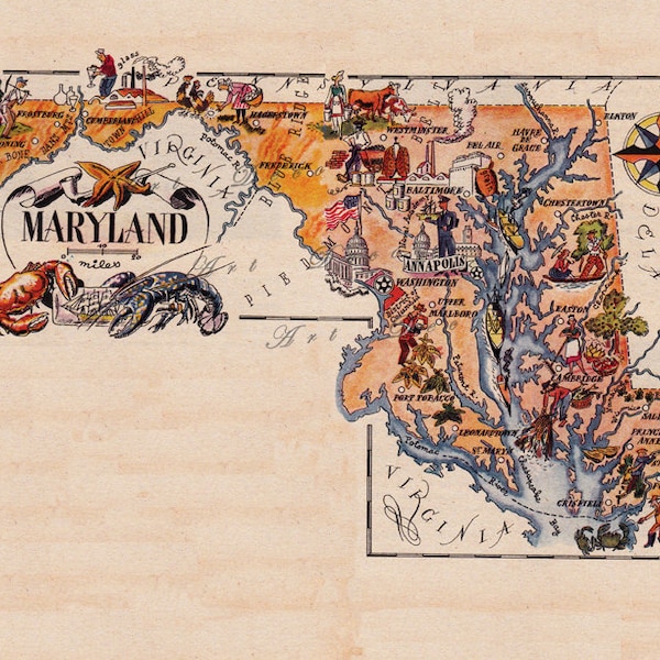 pictorial map of Maryland from the 1940's, a printable digital download sheet 1712