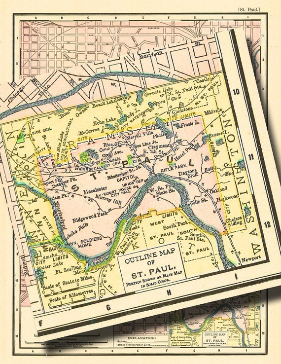 1899 Minneapolis, St Paul, Minnesota, United States, Antique Baedeker Map,  Print