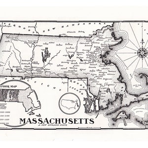 printable map of Massachusetts,1950&#39;s era, digital download for a unique gift, arts and crafts, and home decor, collage sheet no.  584