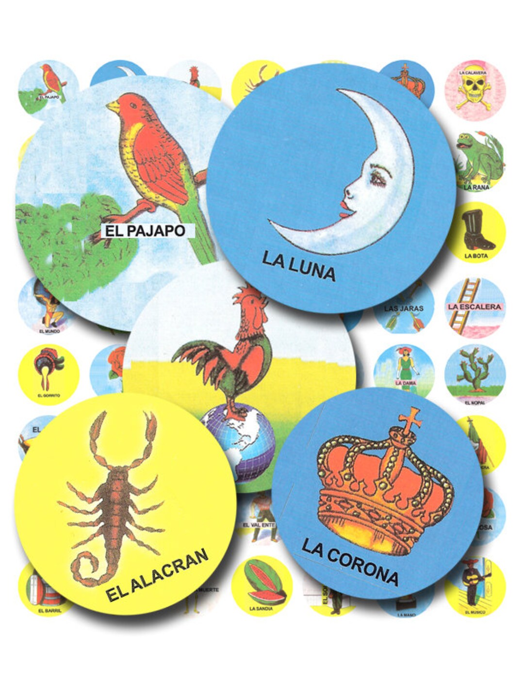 Mexican Lottery Cards in 1 Inch Circle Size, Vintage Printable Digital ...