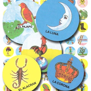 Cartes de loterie mexicaines dans un cercle de 2,5 cm, feuille de collage numérique imprimable vintage no. 867