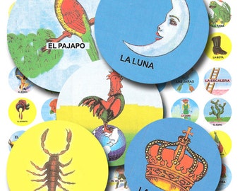 Cartes de loterie mexicaines dans un cercle de 2,5 cm, feuille de collage numérique imprimable vintage no. 867