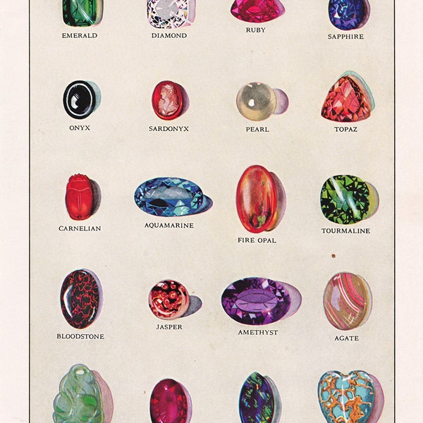 vintage gemstones and precious stones, 1940's book illustration, a digital download sheet,  no. 41