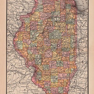 Mapa imprimible de Illinois de 1891, regalo único o decoración del hogar, impresión digital, n.º 322.