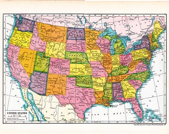 1930年代頃のビンテージアメリカ地図、教室の装飾、家の装飾、日記