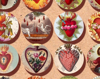 Collagevel Heilig Hart van Jezus, harten van 1 inch van antieke Franse heilige kaarten, christelijk collagevel, Katholiek eiken downloadnr. 2012