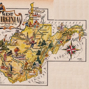 Mapa imprimible de Virginia Occidental, mapa pictórico humorístico de la década de 1940, regalo de inauguración, regalo único, impresión digital n.° 1724