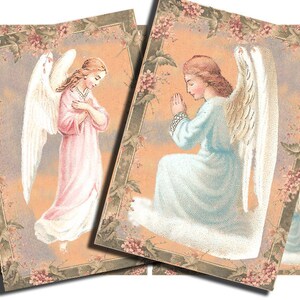 May include: Two angels with wings, one in a pink dress and the other in a blue dress, are depicted in a vintage style illustration. Both angels have their hands clasped in prayer. The illustrations are framed with a floral border.