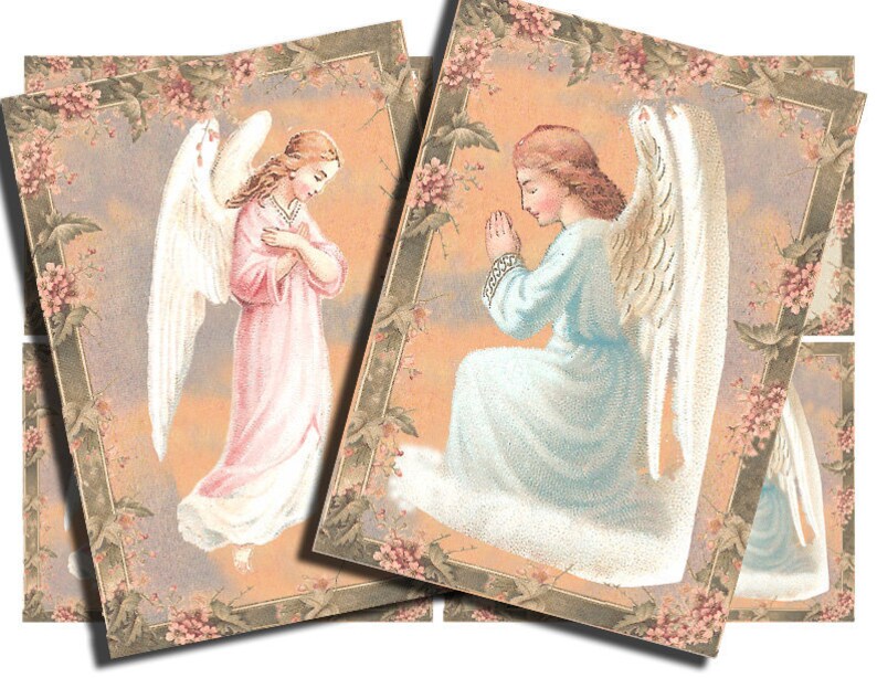 May include: Two angels with wings, one in a pink dress and the other in a blue dress, are depicted in a vintage style illustration. Both angels have their hands clasped in prayer. The illustrations are framed with a floral border.