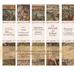 Könnte beinhalten: Fünf druckbare digitale Lesezeichen mit Vintage-Karten und Zitaten von Oscar Wilde. Jedes Lesezeichen ist 1,5 x 7 Zoll groß und hat 300 dpi.