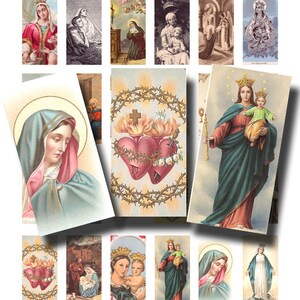 May include: A collection of religious art prints featuring various depictions of the Virgin Mary and other religious figures. The prints showcase a range of styles, from classic portraits to symbolic representations, with detailed illustrations and vibrant colors.