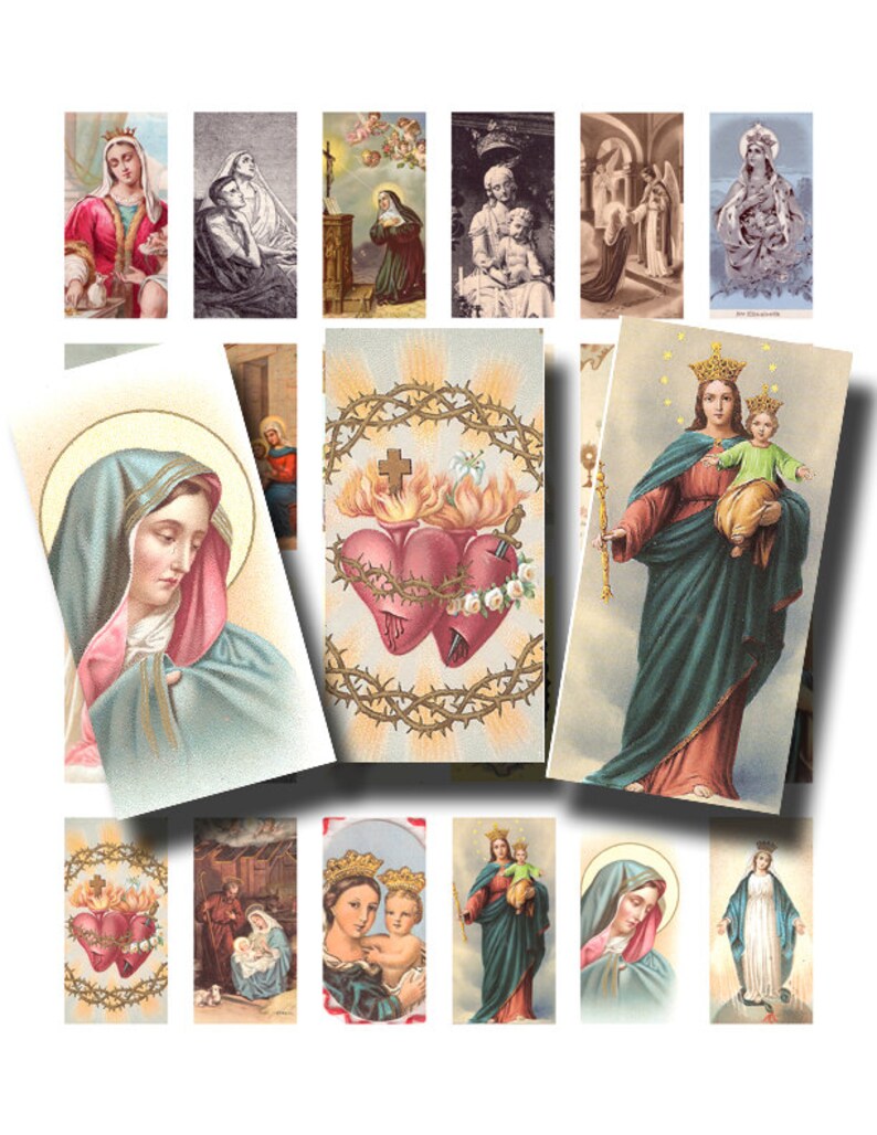 May include: A collection of religious art prints featuring various depictions of the Virgin Mary and other religious figures. The prints showcase a range of styles, from classic portraits to symbolic representations, with detailed illustrations and vibrant colors.