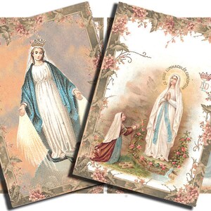 May include: Two vintage religious images featuring the Virgin Mary. The first image shows the Virgin Mary in a white dress and blue robe, standing on a cloud with a crown on her head. The second image shows the Virgin Mary in a white dress and blue robe, standing on a hill with a rosary in her hands. Both images have a floral border.
