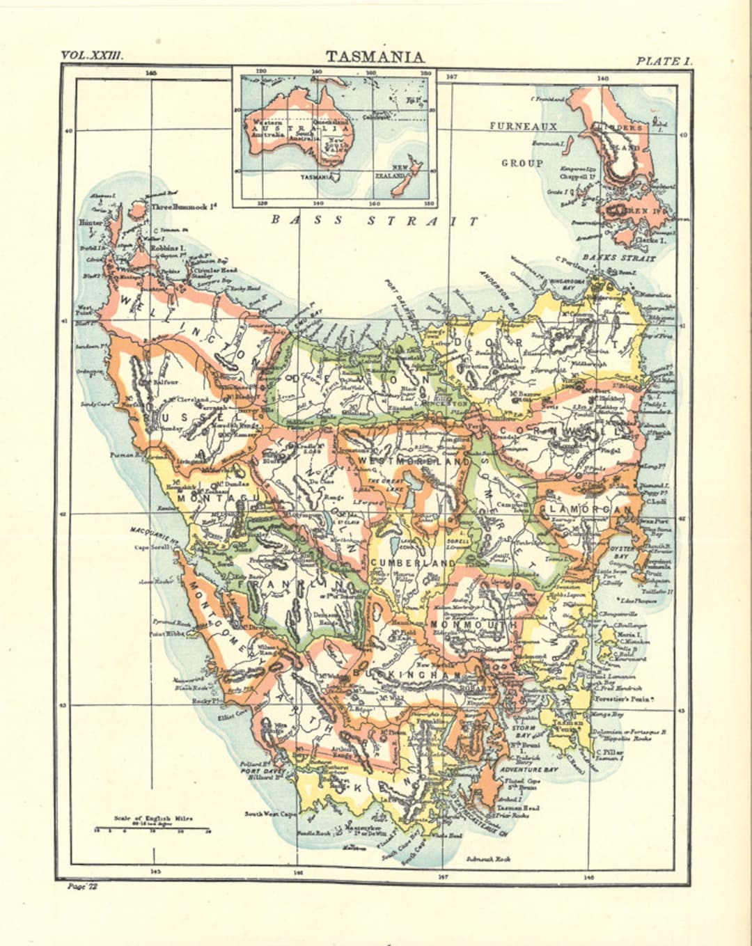 Printable Map of Tasmania From 1904, for Home Decor, Arts