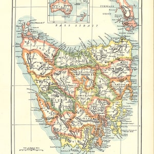 afdrukbare kaart van Tasmanië uit 1904, voor interieur, kunst en ambachten, digitale prints nr. 916