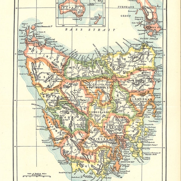 printable map of Tasmania from 1904, for home decor, arts and crafts, digital prints no. 916