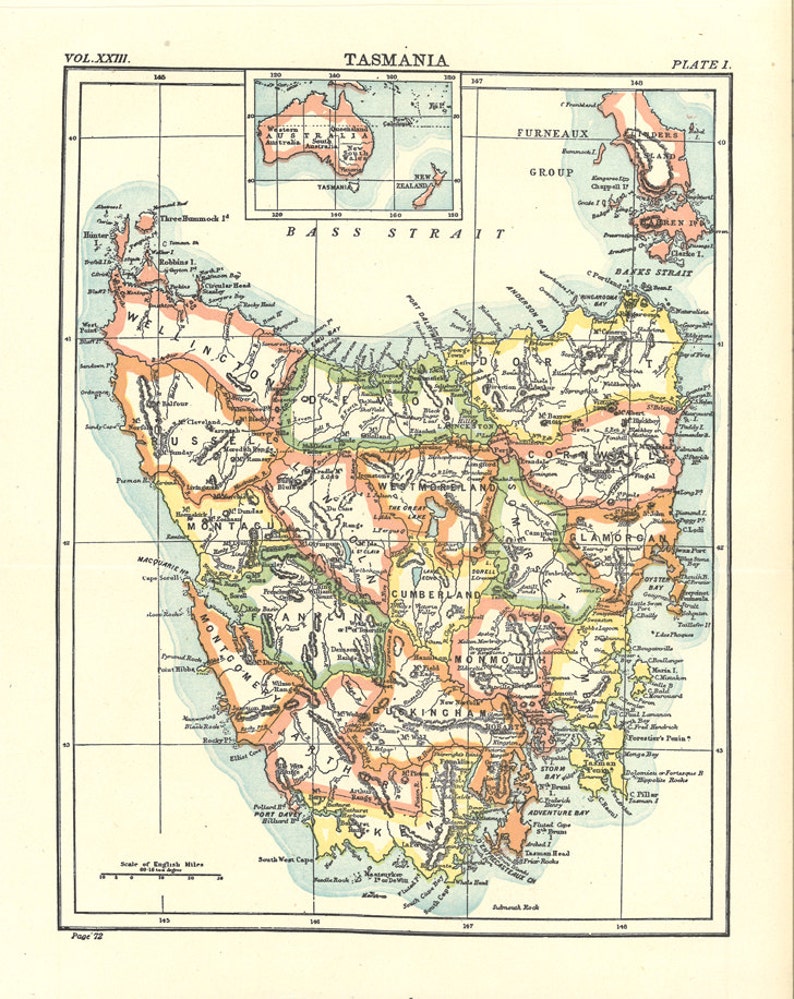 printable map of Tasmania from 1904, for home decor, arts and crafts, digital prints no. 916 image 1