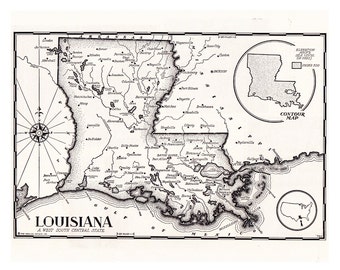 Könnte beinhalten: Schwarz-weiße Vintage-Karte von Louisiana, einem Bundesstaat im Südwesten, mit beschrifteten Städten, Flüssen und Seen. Enthält eine Windrose, eine Höhenlinienkarte und eine kleine inset Karte der Vereinigten Staaten. Die Höhe beträgt unter 152 Meter.