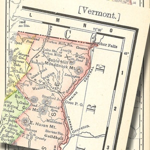 May include: A vintage map of Vermont, showing the state's geography and towns. The map is printed in black and white with red highlights. The map is titled "Vermont" and includes the text "Beecher Falls" and "Coos P.O."