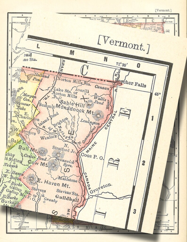 May include: A vintage map of Vermont, showing the state's geography and towns. The map is printed in black and white with red highlights. The map is titled "Vermont" and includes the text "Beecher Falls" and "Coos P.O."