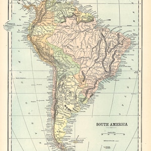 printable map of  South America, early 20th century, for arts and crafts, home decor, scrapbooking, journals, digital map no. 1009.
