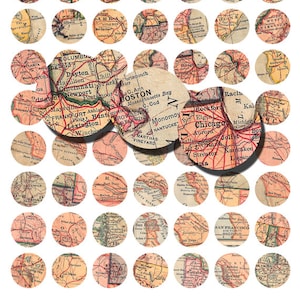 May include: A collection of 36 vintage map-themed round stickers. Each sticker features a different city or region of the United States, with a detailed map and the city name printed in black.
